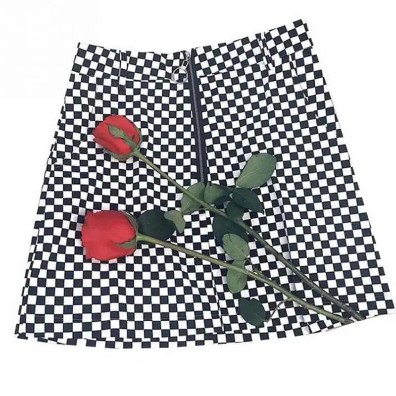 

Summer Fashion Women Skirts High Waist Zip Fabala Hem Short Skirt Ladies Girls Grid A-line Wrapped Skirt