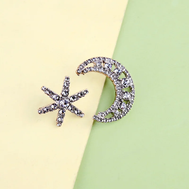 Женские асимметричные серьги гвоздики Kiss Me Moon & Star с блестящими кристаллами OL
