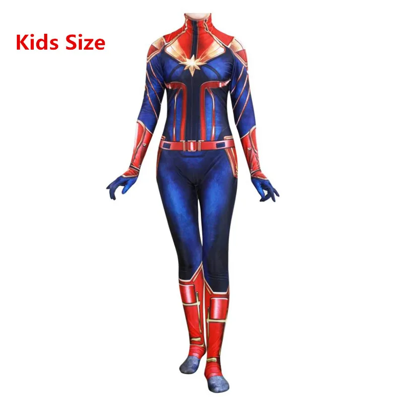 Kids Size Фильм Carol Danvers версия Марвел Капитан мультяшный костюм для женщин девочек зентай Комбинезоны из спандекса боди костюм - Цвет: Kids Size