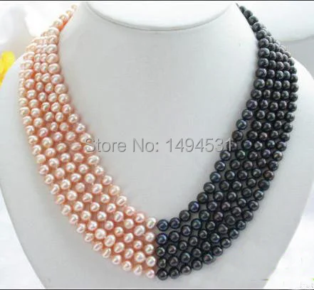 Wholesale Pearl Jewelry 5Rows 7mm Pink Black Color Natural Freshwater Pearl Necklace - Handmade Jewlery - XZN48