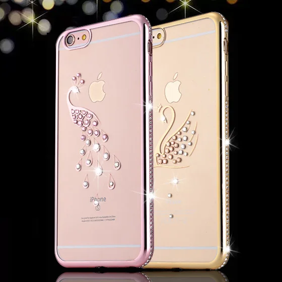 Гальванические Стразы TPU чехол для телефона для iphone X 8 7 Plus 6 6s Plus чехол Алмазный Павлин Лебедь оболочка Прозрачный чехол