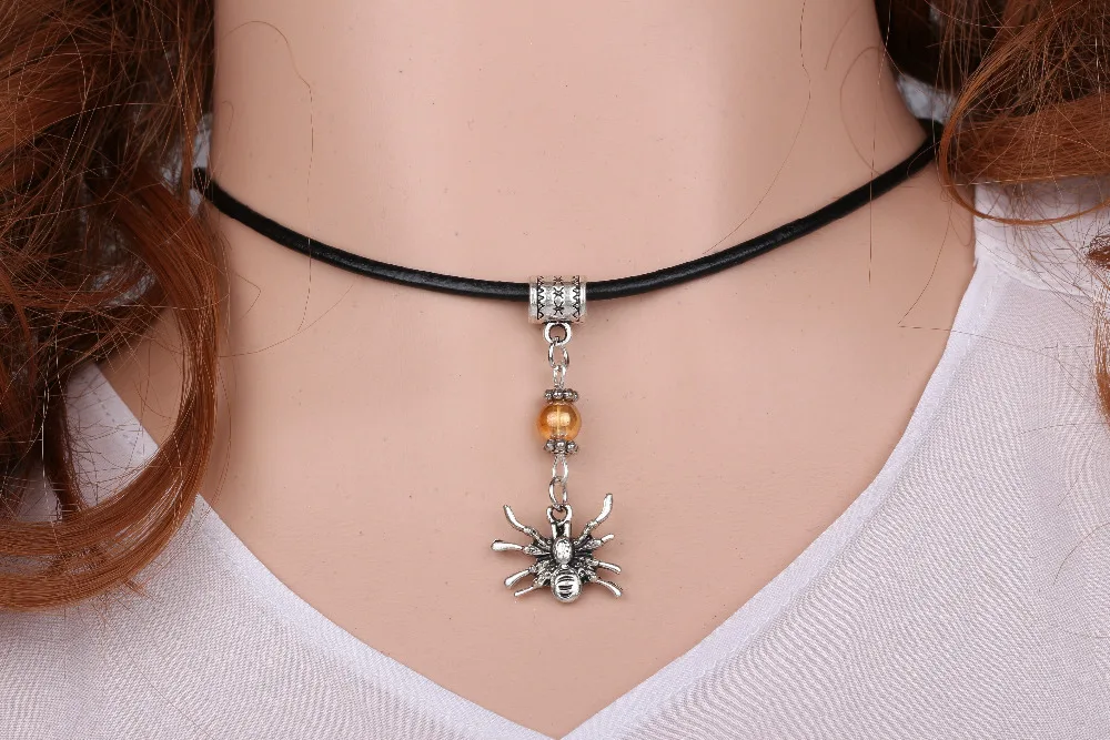Винтаж серебро паук кожаный Цепочки и ожерелья с подвесками Стекло Подвески