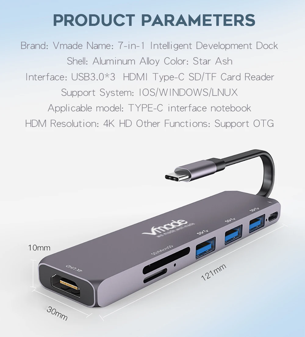 Vmade 7 в 1 хаб многопортовый концентратор USB-C 4 k HD видео выход порт SD TF карта USB ридер 3,1 C-type USB 3,0 порт для MacBook Pro