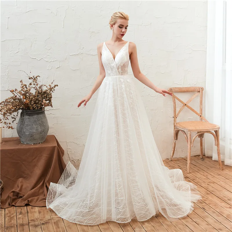 

In Stock Deep V-Neck Embroidery Tulle Backless Long Wedding Dresses Vestido de noiva Robe de mariee Wedding gowns Gelinlik 28346