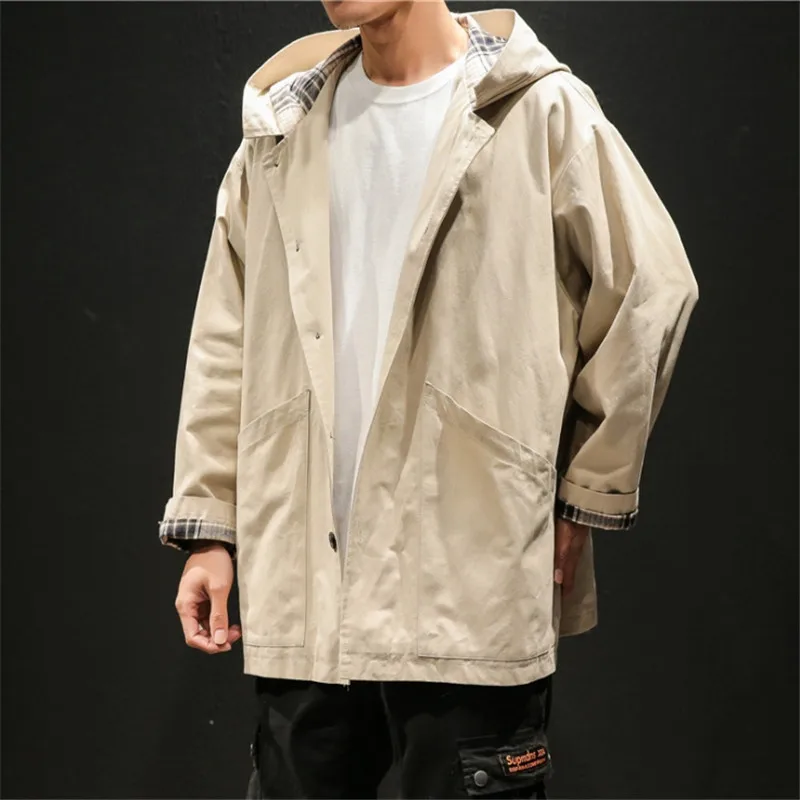 Male Fashion Casual Loose Lining Plaid Hooded Windbreaker Men Size M-5XL Spring Korean Style Solid Color Jackets Trench | Мужская одежда