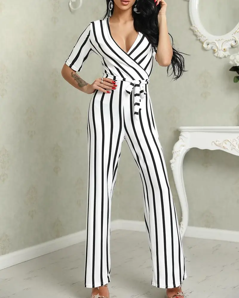 Женский сексуальный комбинезон с глубоким v образным вырезом в полоску поясом