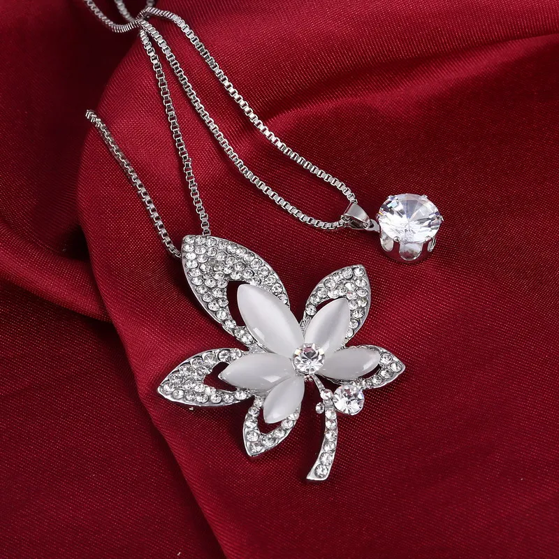 Женское длинное ожерелье с опалом серебряным покрытием и натуральным кристаллом