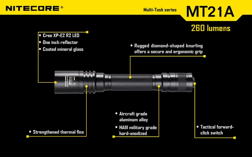 Распродажа! NITECORE MT21A 260 люменов CREE XP-E2 R2 многозадачный светодиодный фонарик EDC фонарь для кемпинга без 2х батареек АА