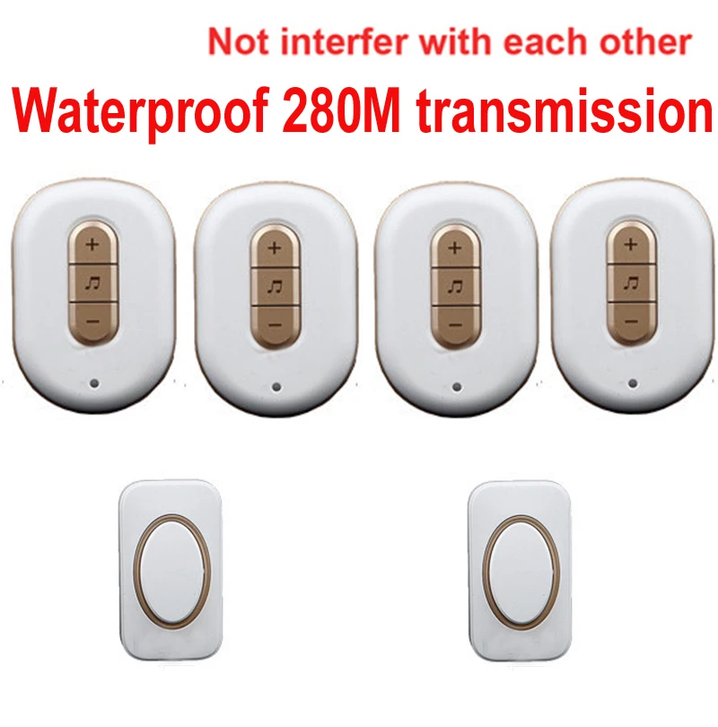 

5 Wall Penetrate Music Ring 2 Push +4 Receivers Wireless Doorbell Waterproof Cordless Door Bell Chime 280 Meter Work