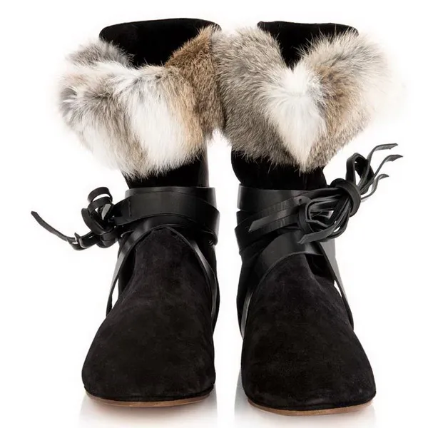 Женские зимние ботинки на шнуровке с натуральным кроличьим мехом черные