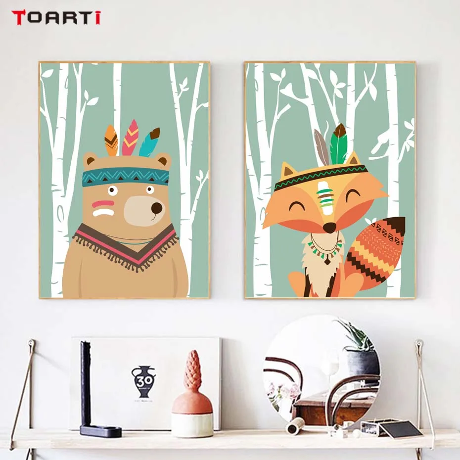 Лес милые Мультяшные животные плакаты и принты нордическая лиса собака кролик