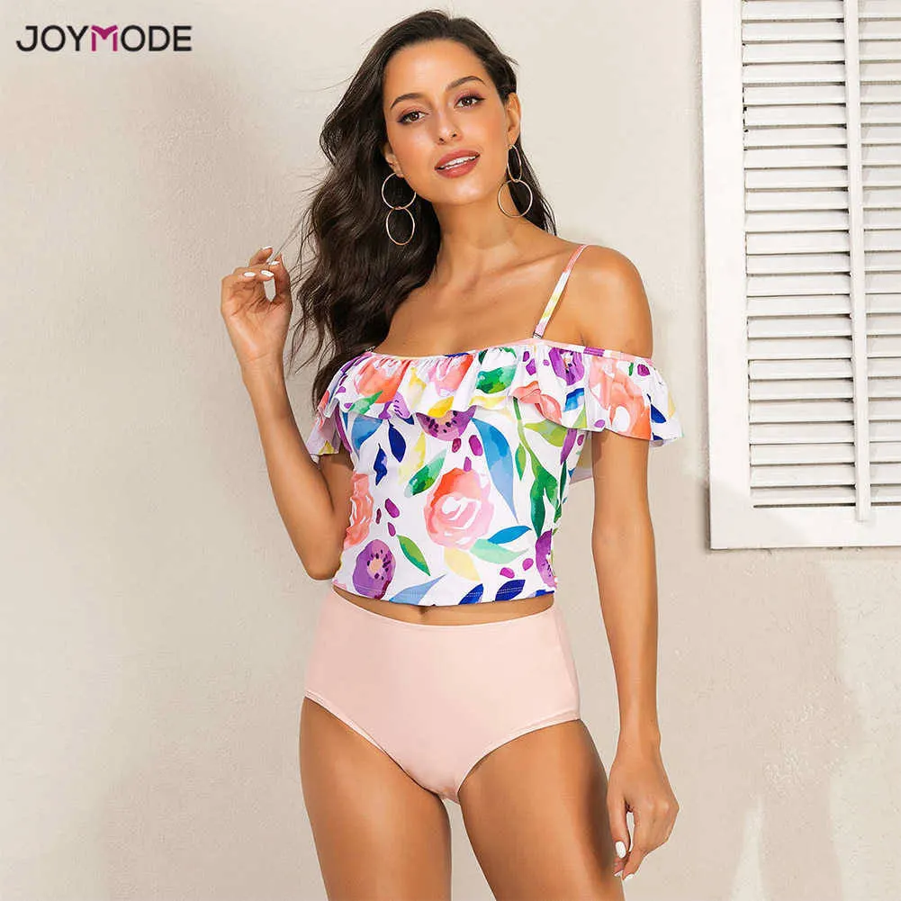 JOYMODE, новинка, сексуальный купальник с открытыми плечами, Одноцветный, женский купальник, пуш-ап, женский купальный костюм, с оборками, с высокой талией, танкини, XXL - Цвет: Color 2