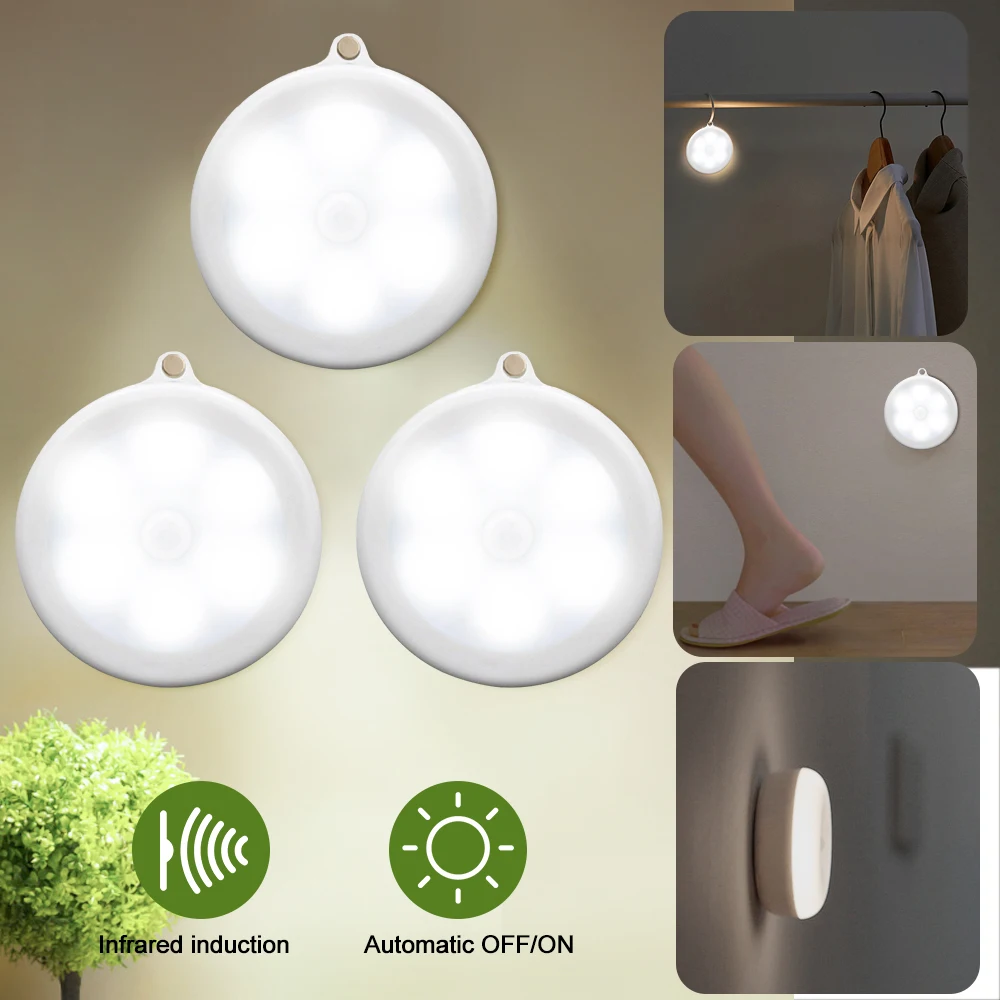 3pcs cold white Dozzlor 6 шт. 6 светодиодов инфракрасный датчик движения Ночной светильник диаметром 80 мм беспроводной детектор светильник Автоматическое включение/выключение лампы Защита глаз лампа - Испускаемый цвет: 3pcs cold white