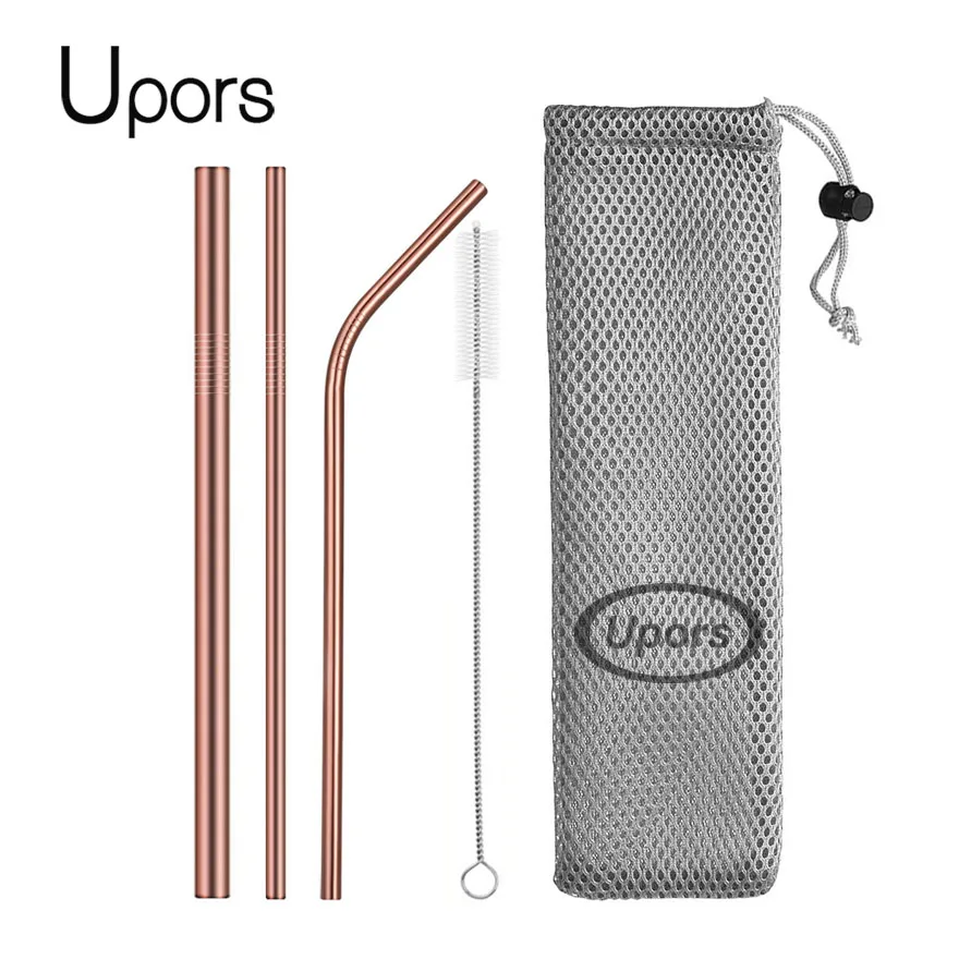 Rose Gold UPORS 5 шт. 304 соломинка из нержавеющей стали многоразовые изогнутые металлические соломинки смузи Питьевая соломинка+ щетка для очистки/мешочек - Цвет: Rose Gold