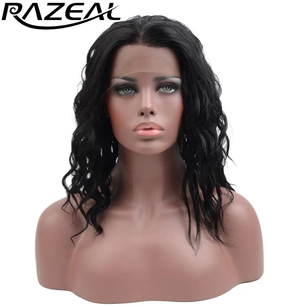 

Razeal 12" Black Color Natural Deep Wave Synthetic Lace Front Wig Glueless Heat Resistant Hair High Temperature