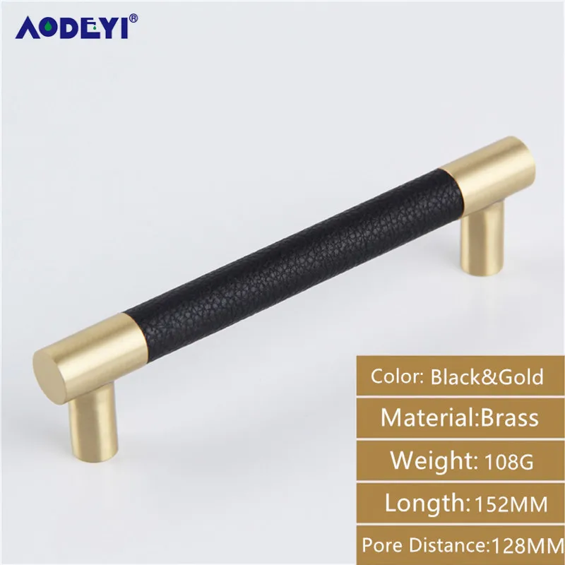 Black Gold 128MM 2 шт ручки для мебели из кожи и латуни, ручки для ящика винного шкафа, ручки для кухонной двери, ручки для шкафа, выдвижные ручки - Цвет: Black Gold 128MM