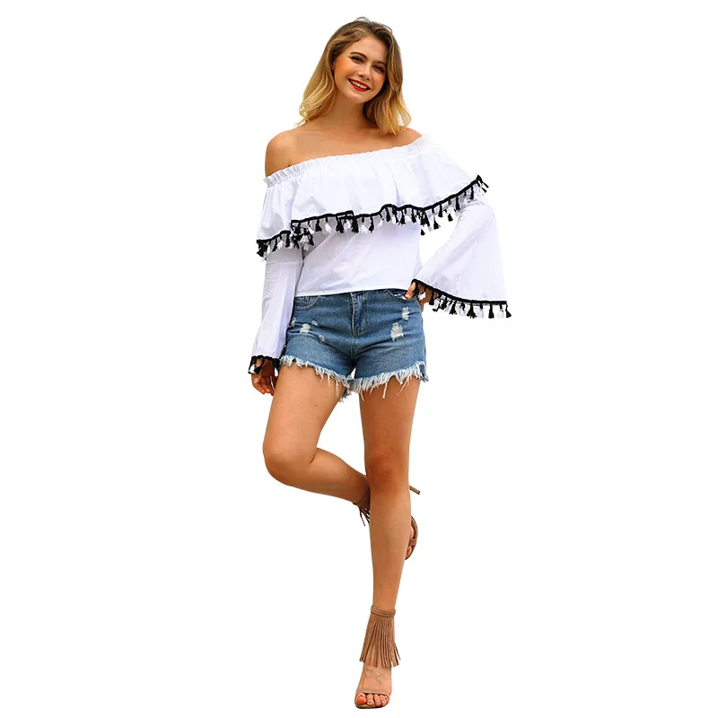 Women Clothes Cotton Blouse Crochet Female Korean Shirts Tops Shirt White Blouses Tassels Autumn off Shoulder Top |