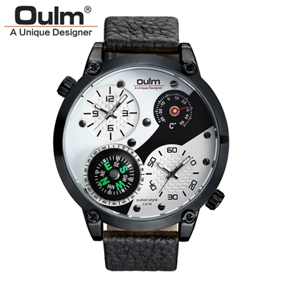 black case white Брендовые новые мужские часы от ведущего бренда Oulm, мужские часы с кожаным ремешком, кварцевые часы с двумя часовыми поясами, мужские часы montre homme - Цвет: black case white