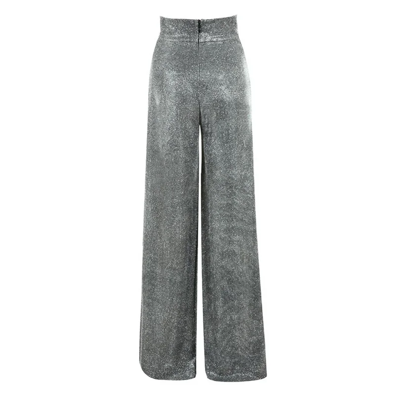 Женские блестящие широкие брюки на завязках Клубные Длинные свободные с высокой