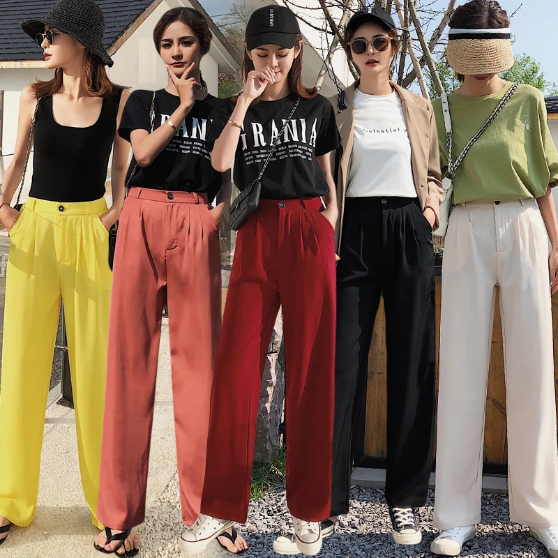 Женские брюки с завышенной талией 2019 длинные однотонные костюмные женские