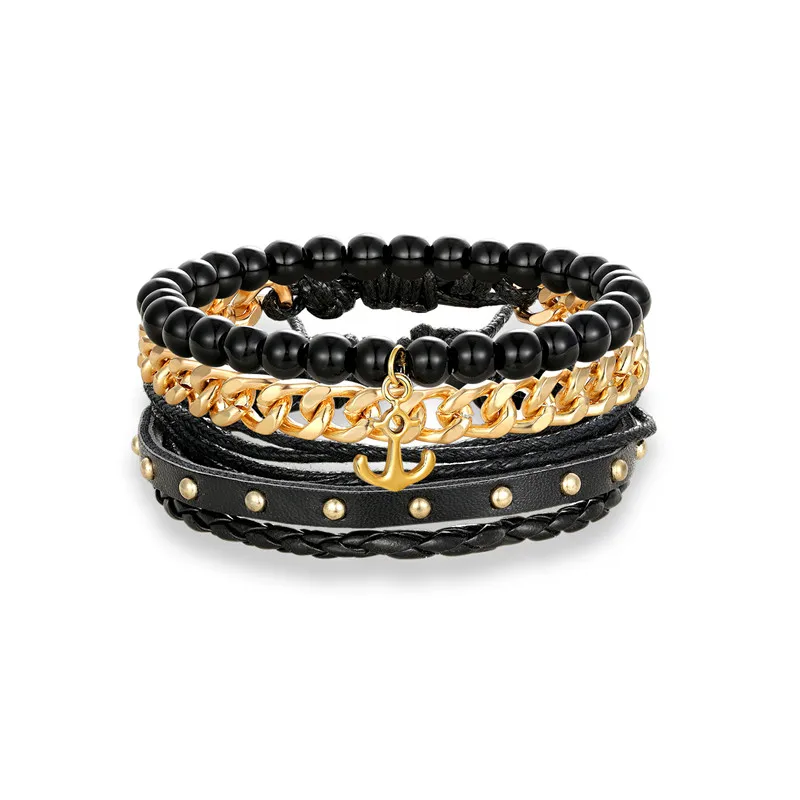Gold Anchor 1 комплект, 3 шт., многослойный кожаный браслет с бусинами, женский браслет из нержавеющей стали, цепочка на цепочке, мужские Парные браслеты, Прямая поставка, homme - Окраска металла: Gold Anchor