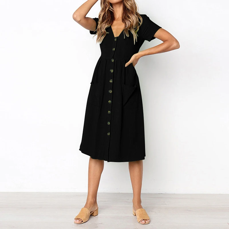 Пляжное платье для женщин Платье До Колена летнее женское на пуговицах спереди с