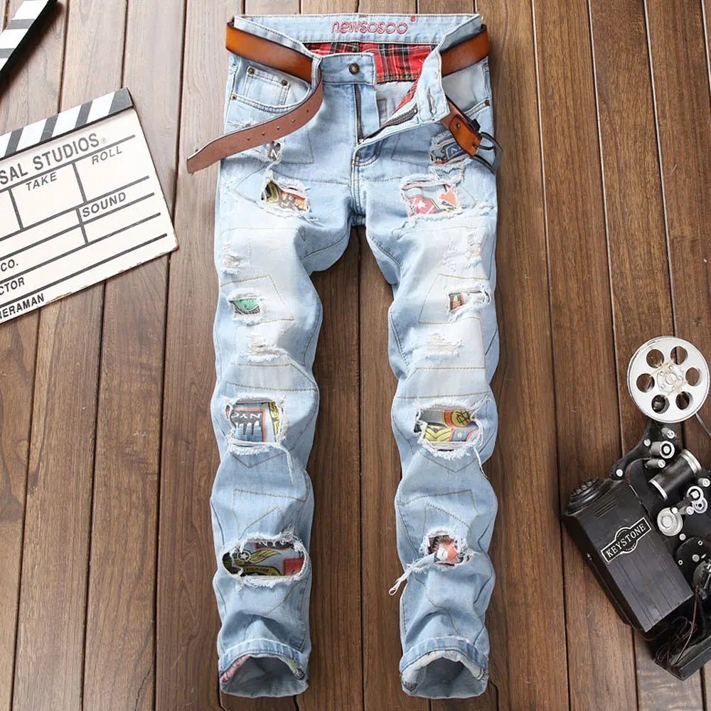 As the image Men Jeans Stretch Destroyed Ripped Design Fashion Badge Patchwork Skinny Jeans For Man Slim Fit Biker Holes Cotton Denim Pants - Цвет: As the image