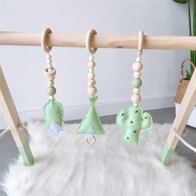 Wooden Beads Nursery Beads Wall Ornaments With Felt Feather Cactus Tent Hanging Pendant Baby Rattle Stroller Play Gym Toy Decor