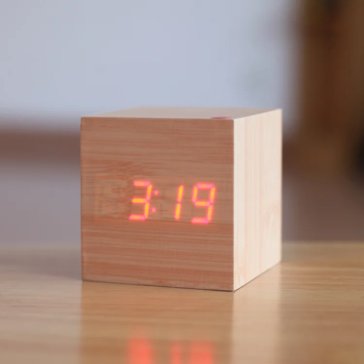 bamboo red Деревянный светодиодный Будильник в форме куба, светодиодный дисплей для контроля звуков температуры despertador, электронные настольные цифровые настольные часы, SKU4A4A3 - Цвет: bamboo red