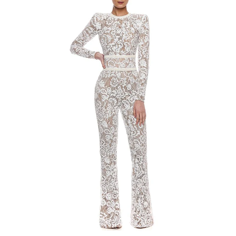 INDRESSME новые женские модные кружевные бандажные комбинезоны, Сексуальные вечерние комбинезоны с круглым вырезом, женские модные длинные белые комбинезоны