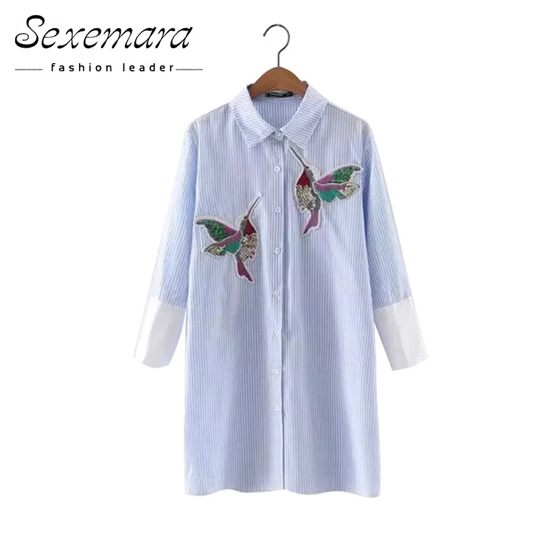 Женское платье рубашка в полоску с длинным рукавом голубое или белое короткое