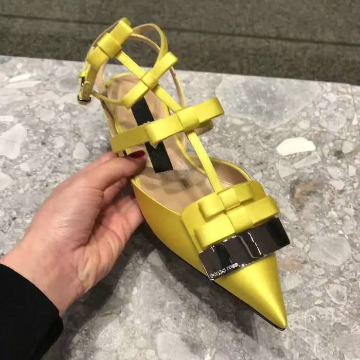 Yellow Summer tide shoes hollow silk satin flat with bow flat pointed shoes banquet sandals women Sandals - Цвет: Yellow