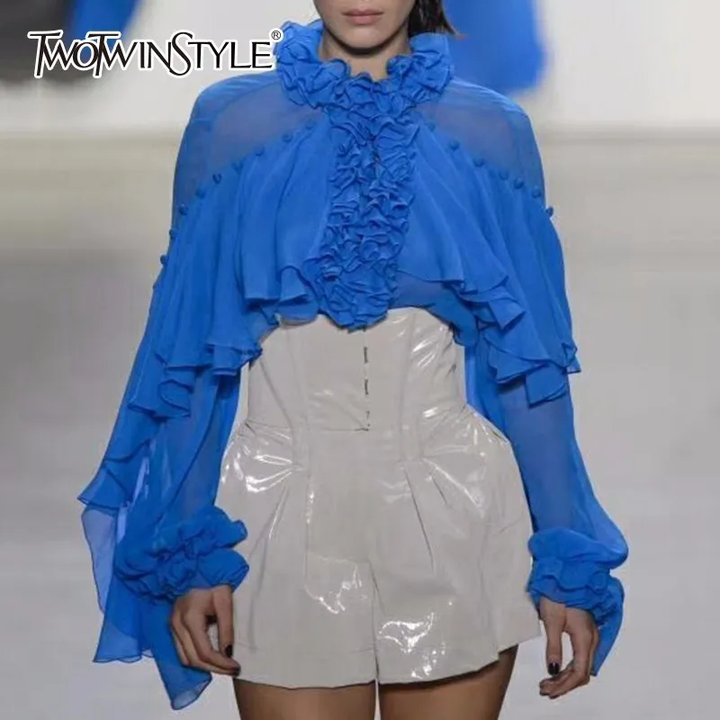 Женская шифоновая блузка TWOTWINSTYLE Весенняя с оборками и воротником стойкой