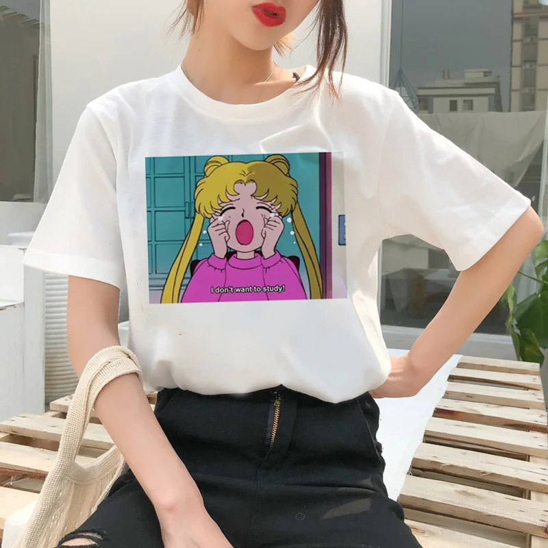 Сейлор Мун летняя модная футболка Женская Harajuku Веселая футболка милый кот футболка Мультфильм Ulzzang футболки kawaii одежда