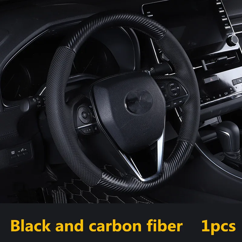 Black and carbon Для TOYOTA AVALON кожаный сшитый вручную чехол рулевого колеса автомобиля ручной пошив кобура на руль авто поставки - Цвет: Black and carbon