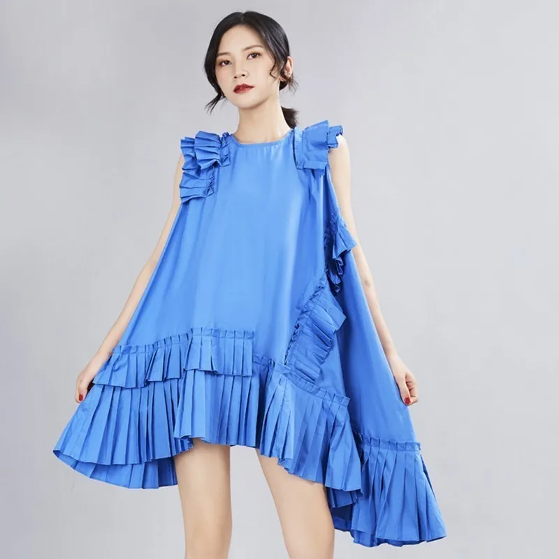 TWOTWINSTYLE Korean Solid Sleeveless Dress For Women O Neck Off Shoulder Oversized Ruffles Asymmetrical Dresses Female