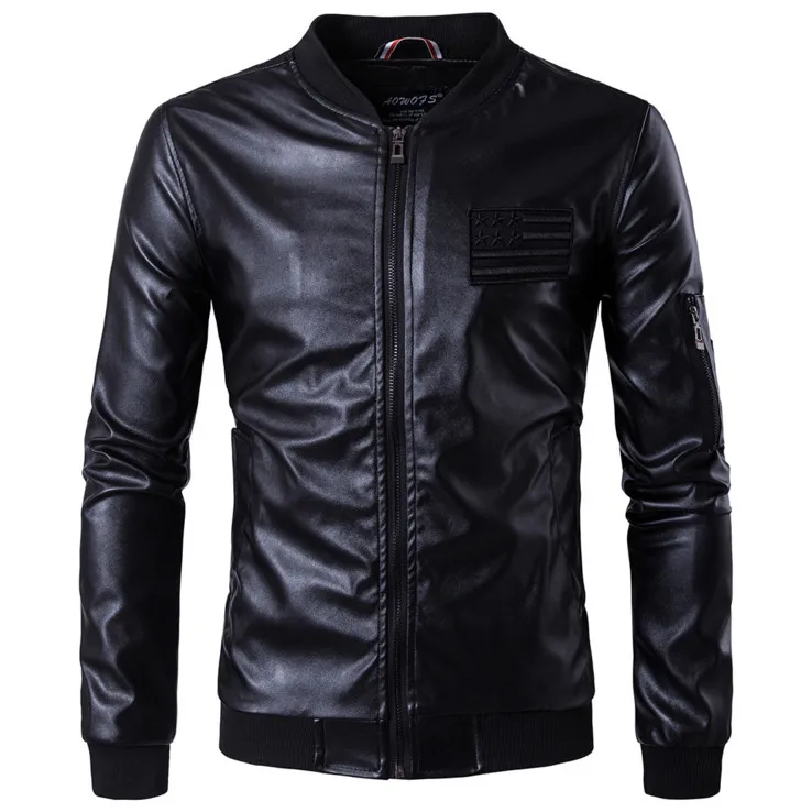 Мужская кожаная куртка бомбер с воротником стойкой вышивкой|men brand leather jacket|men
