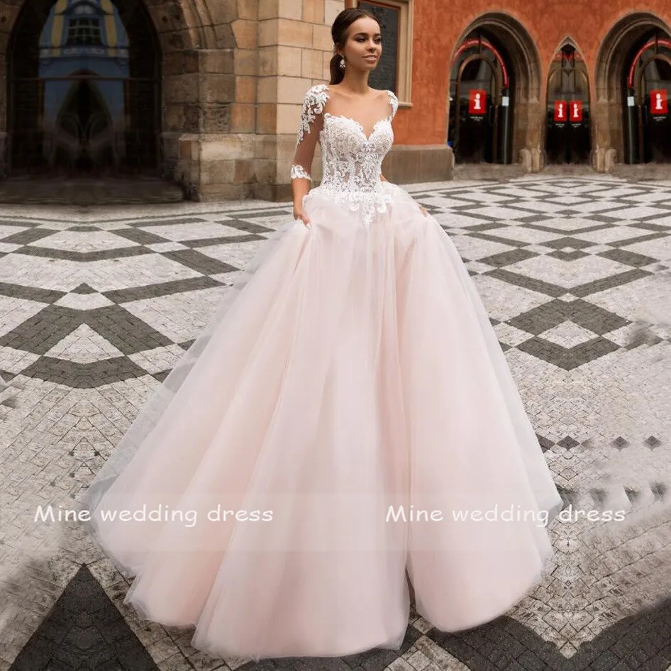 

Half Sleeves Bridal Dress A Line Appliques Lace Tulle Princess Wedding Dress 2022 Robe de Mariee with Sweep Train Wedding Gown
