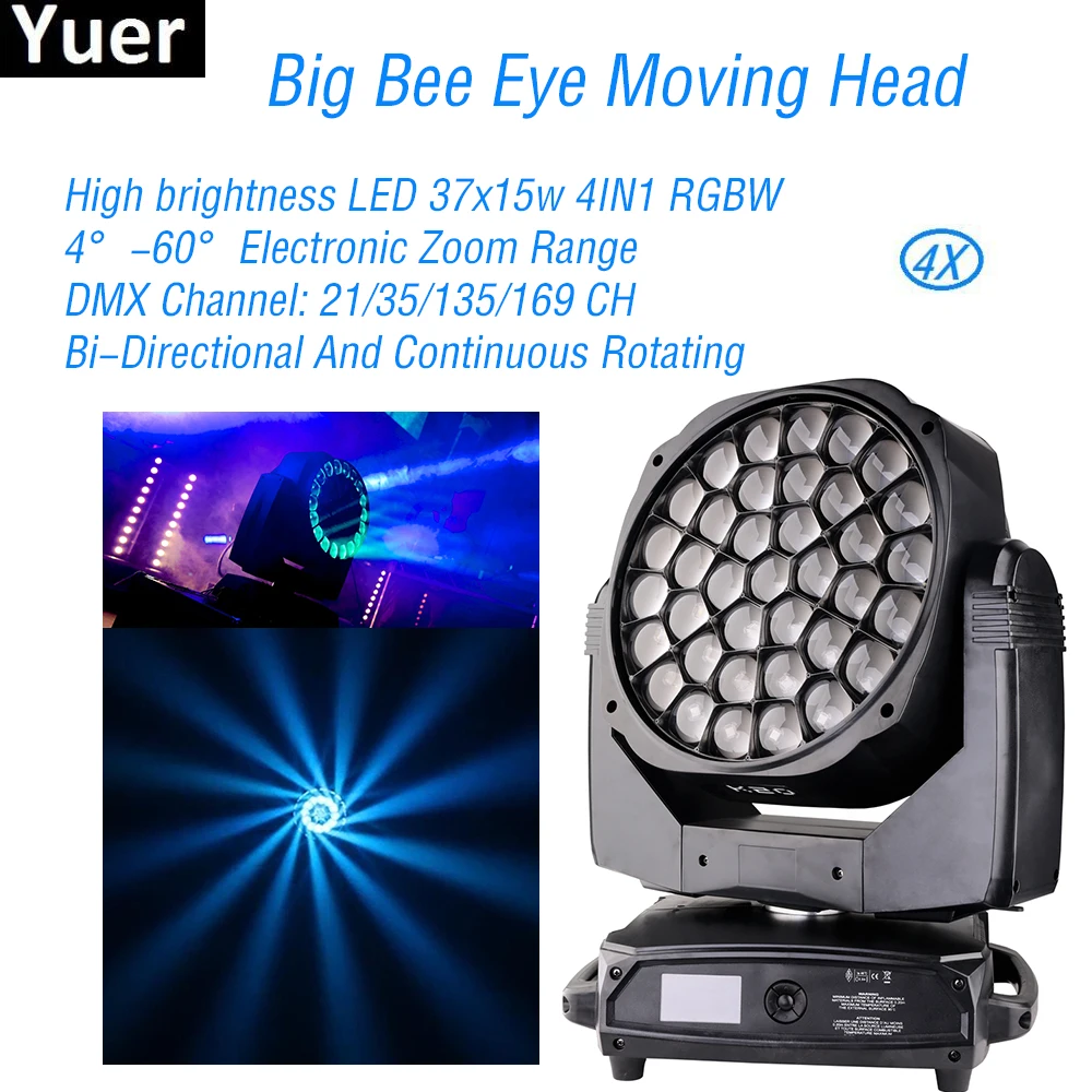

4Pcs/Lot 37x15W LED Big Bee Eye Moving Head Lights Wash Beam FX Effect Sound Party DJ Equipment Disco Club Stage Strobe Light