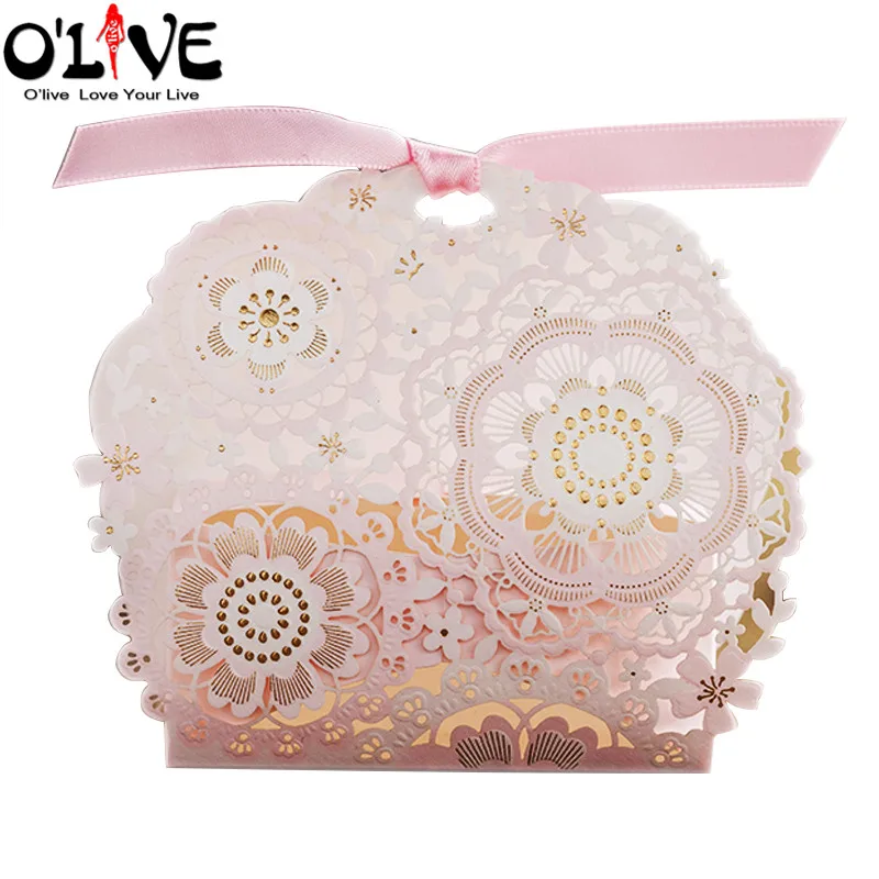 Pink 50 шт., кружевная коробка конфет, розовая подарочная упаковка для шоколада, подарочная упаковка для крещения, сахарницы - Цвет: Pink