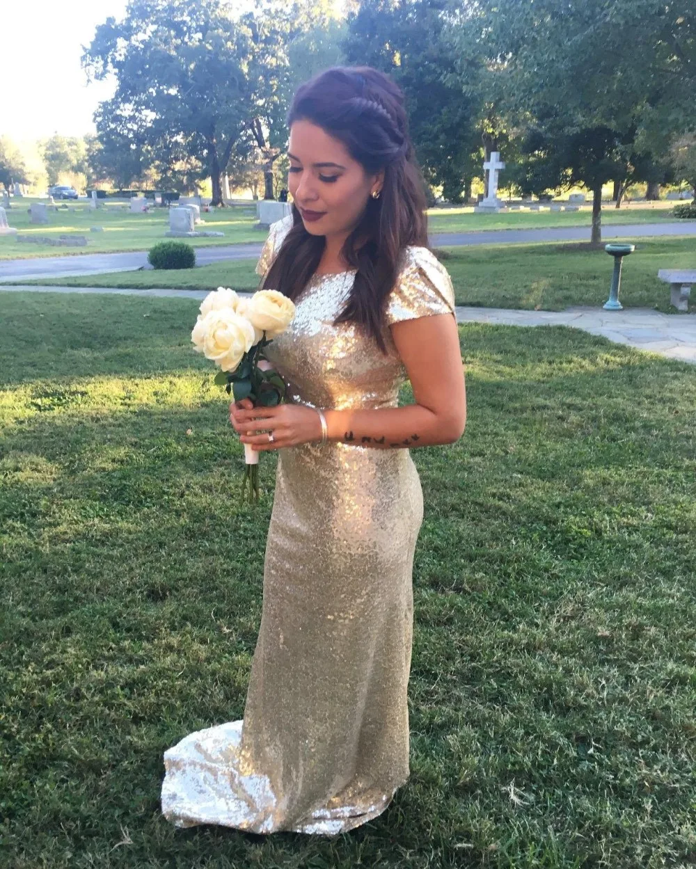 VKBRIDAL золотые платья подружки невесты длинные для свадебной вечеринки с рукавами