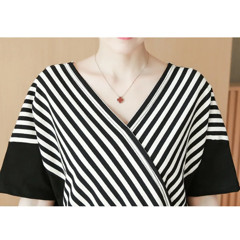 Корейское Полосатое женское платье 2020 новое летнее размера плюс с v образным