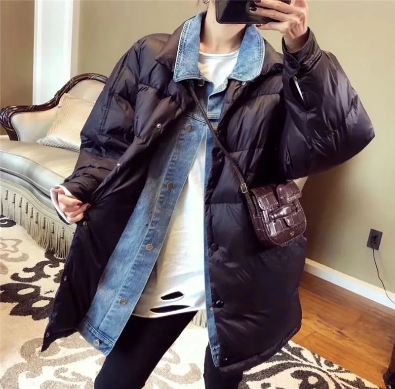 FTLZZ новый зимний джинсовый лоскутный пуховик для женщин белый утиный пух средняя