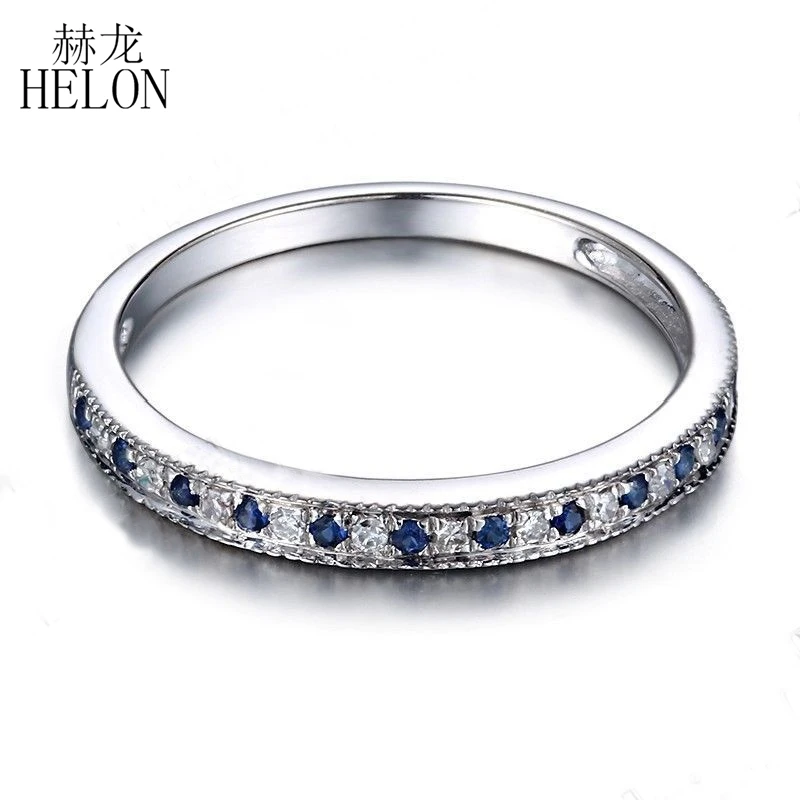 HELON Solid 14 K белое золото 0.2ct настоящий сапфир бриллиантовое обручальное кольцо женские свадебные драгоценные камни ювелирные изделия половина вечности группа