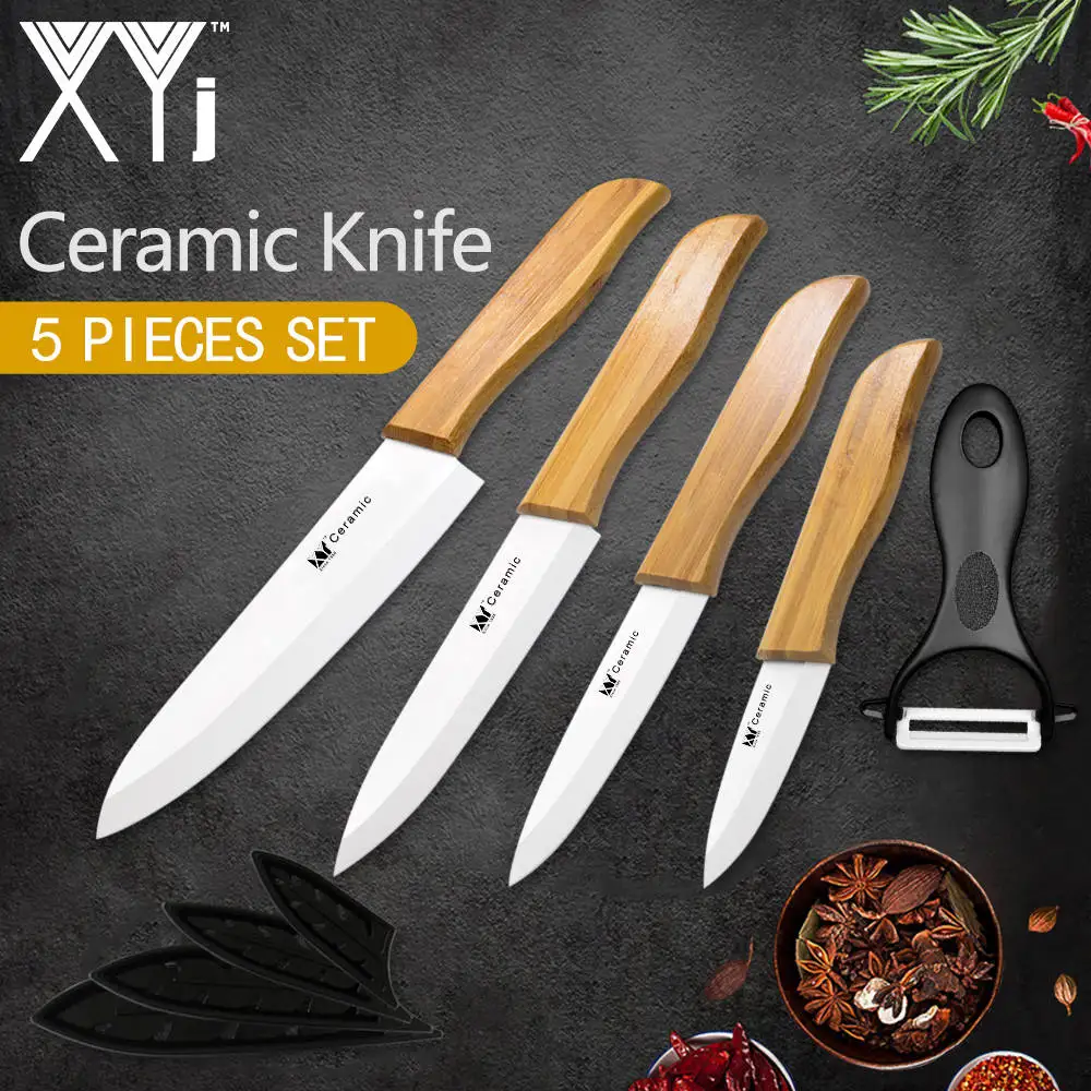 Handle Style 2 XYj, кухонный нож с бамбуковой ручкой, аксессуары для приготовления пищи, черное лезвие, керамический нож, набор кухонных инструментов " 4" " 6"+ Овощечистка - Цвет: Handle Style 2