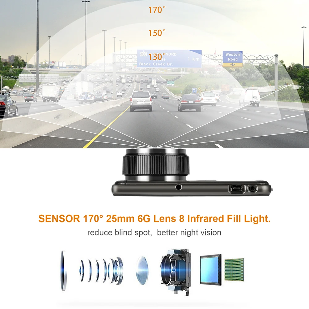 AMPrime Dash Cam Новая версия автомобильный dvr камера Full HD 1080 P 4 ''IPS на тонкопленочном