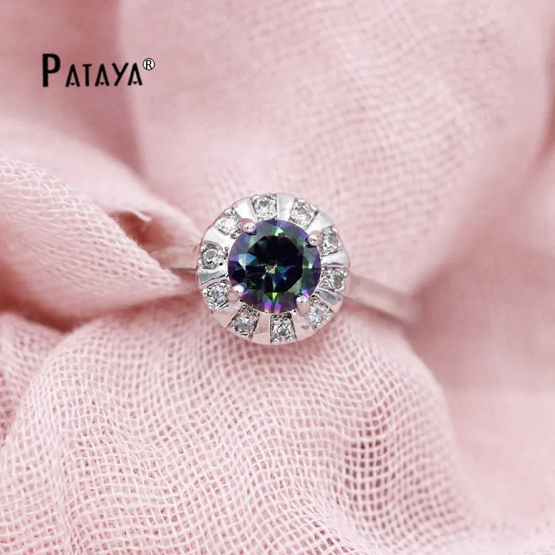 PATAYA Радужный Набор круглых украшений для женщин натуральный кубический цирконий серьги набор колец Свадебные светящиеся красивые аксессуары
