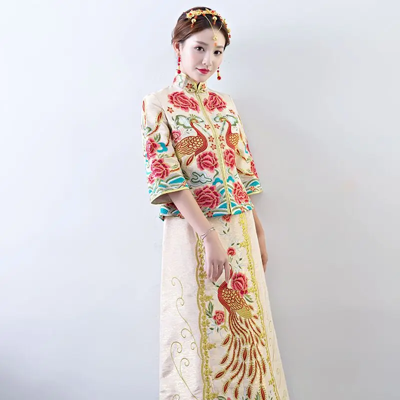 Винтаж китайский стиль Свадебные cheongsam торжественное платье Королевский Павлин Костюм невесты Традиционный Тан вышивка Qipao