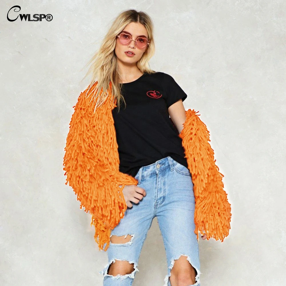 Женское однотонное теплое пальто CWLSP модное зимнее Свободное с кисточками