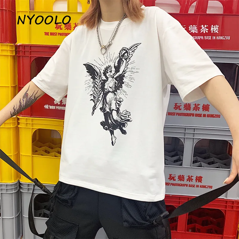 NYOOLO Novelty style angle wing print tees Summer streetwear short sleeve O-neck cotton t-shirts women clothing classic tops | Женская